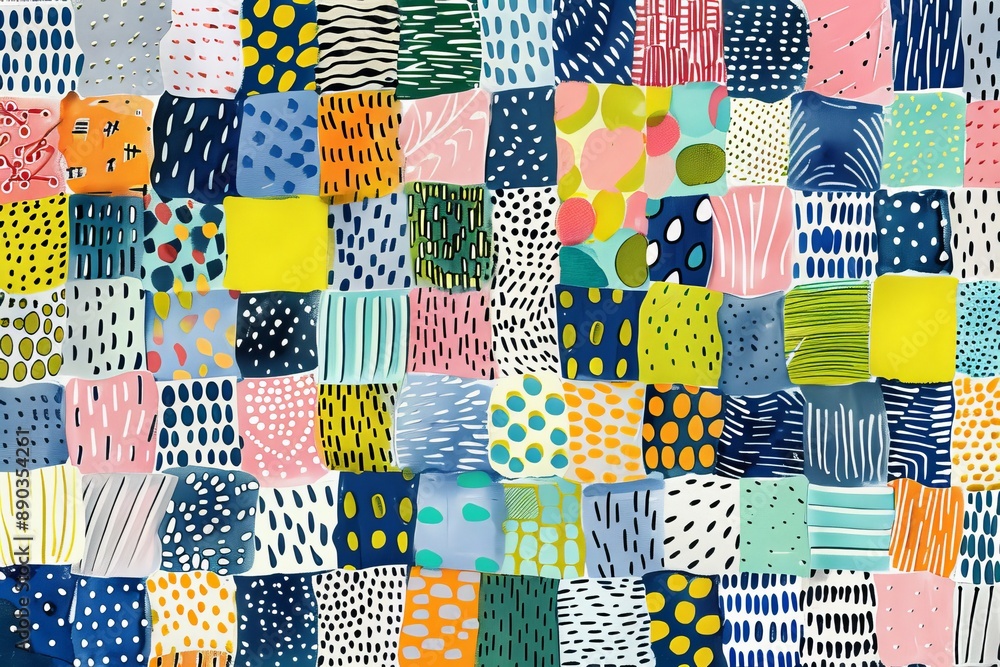 Poster Patchwork quilt with colorful squares and intricate patterns reflecting traditional craftsmanship