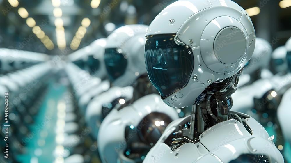 Poster industrial robots collaborating with human workers on futuristic assembly line for efficient manufac