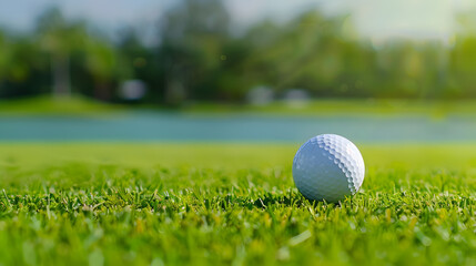 Close up of white golf ball on green grass and along the golf course pond with blurred golf course pond background.
