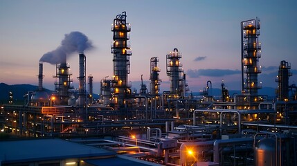 Illuminated Oil Refinery Facility Nestled in the Industrial Landscape at Dusk