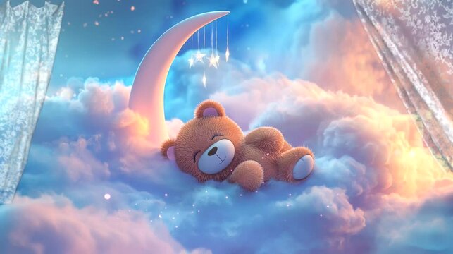 Teddy bear sleeping on crescent moon with stars in night sky. Seamless loop video background