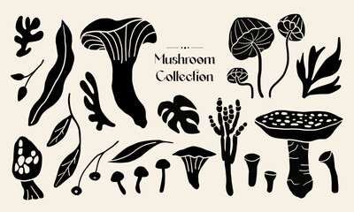 Mushroom, leaf, natural silhouette illustration. Fungi flat graphic, isolated vector.
