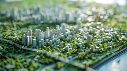 Obraz premium Generate a photo realistic image of an urban planning maquette showcasing a cityscape with green spaces, transportation networks, and residential areas; ensure the image is of high resolution.