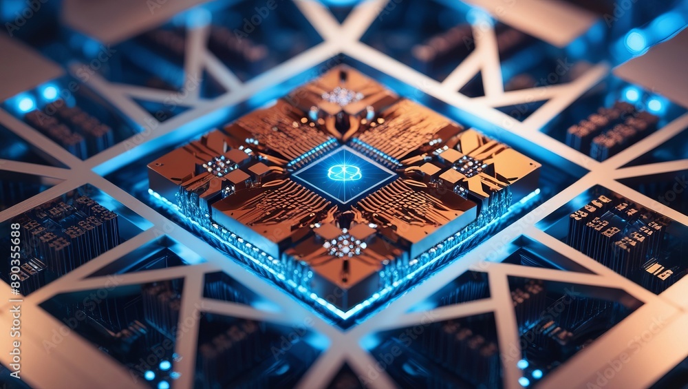 Poster high-resolution image of a glowing blue circuit board with intricate pathways, representing modern t
