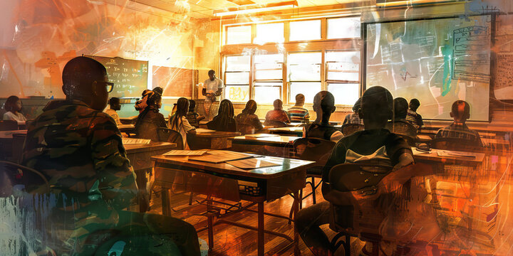 Educators' Empowerment: A classroom filled with students of diverse backgrounds, all engaged in learning from an inspiring African American teacher.