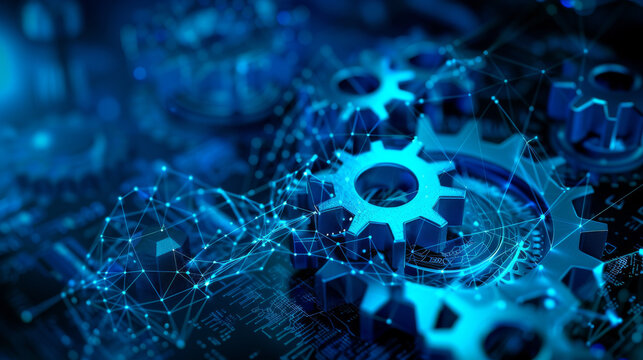Blue gears with a wireframe mesh illustrate 3D vectors. This design represents technical security, online support, industrial innovation, engineering, digital technology, and cybersecurity.