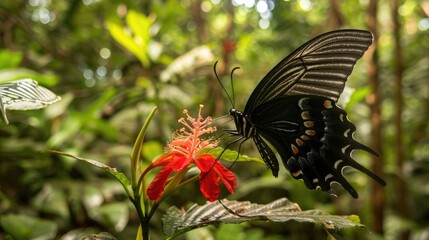 Butterfly feeding on a bright red flower in a tropical forest