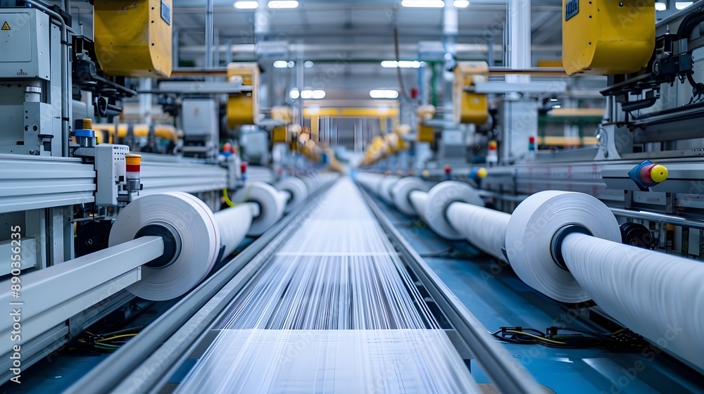 Poster high tech textile factory with automated looms and control stations vibrant and efficient industry c