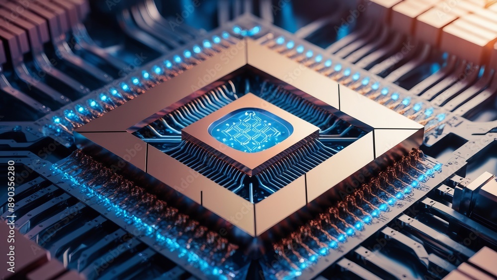 Poster high-detail image of a blue and orange illuminated circuit board, highlighting the intricate design 