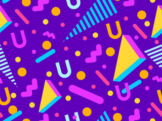 Geometric seamless pattern in 80s style. Colorful geometric pattern with isometric geometric 3D shapes. Design of promotional products, wrapping paper and printing. Vector illustration