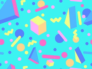 Geometric seamless pattern in 80s style. Colorful geometric pattern with isometric geometric 3D shapes. Design of promotional products, wrapping paper and printing. Vector illustration