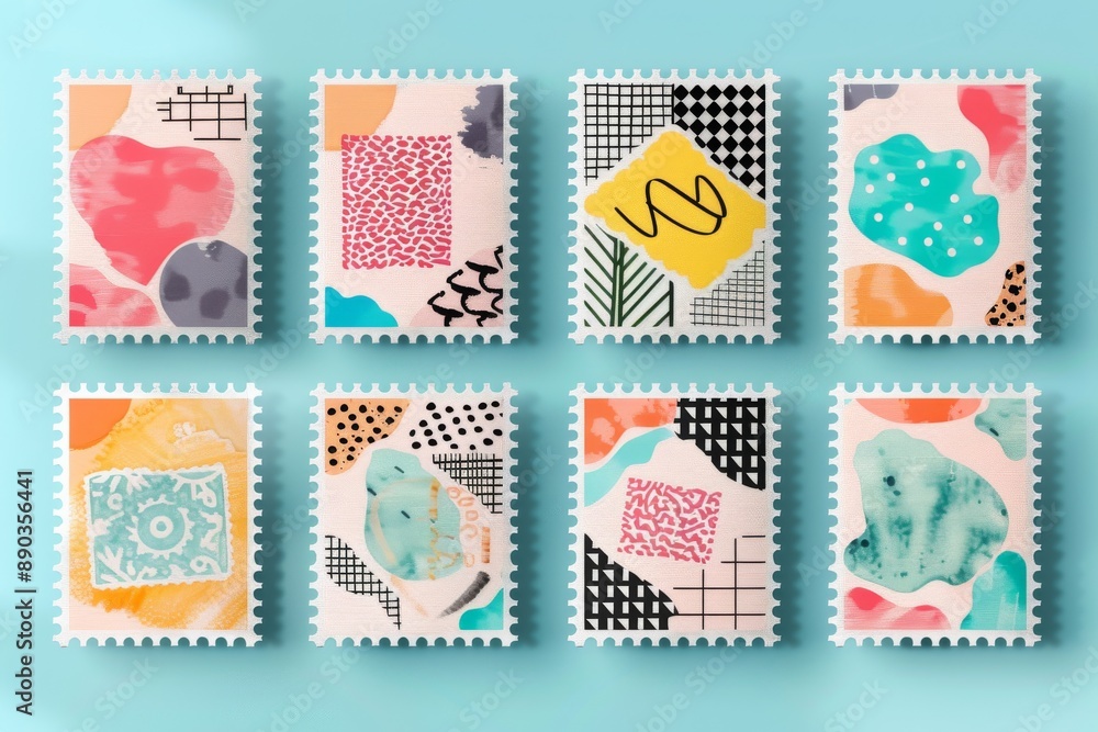 Poster set of modern abstract stamps with various colorful geometric patterns and textures showcasing artis