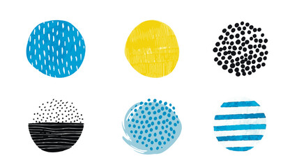 Different circles texture set. Hand painted and dots graphic pattern. blue yellow black colors