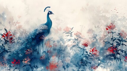 A mystical watercolor painting of a peacock, its silhouette filled with an exotic garden scene, soft washes of blue and red, with a gentle breeze rustling through the flowers,