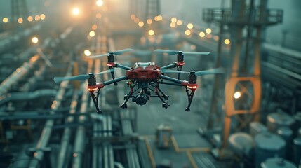 Industrial Drone Fleet Performing Efficient High Tech Inspections on Large Facilities Industry Concept