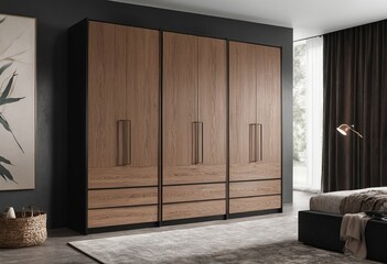 Modern Wardrobe with Black Oak and Brushed Copper Doors