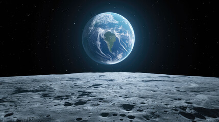 Planet earth rising above lunar horizon with starry sky in background