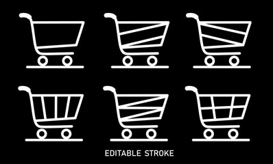 White editable line shopping cart icon set vector illustration on black background. Supermarket trolley symbol design to use in e-commerce, online shopping cart, web commerce design projects. 
