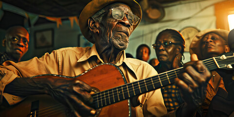 Fototapeta premium Legacy of Soul: An elderly black man playing the guitar, surrounded by family members swaying to the rhythm, preserving their cultural heritage.
