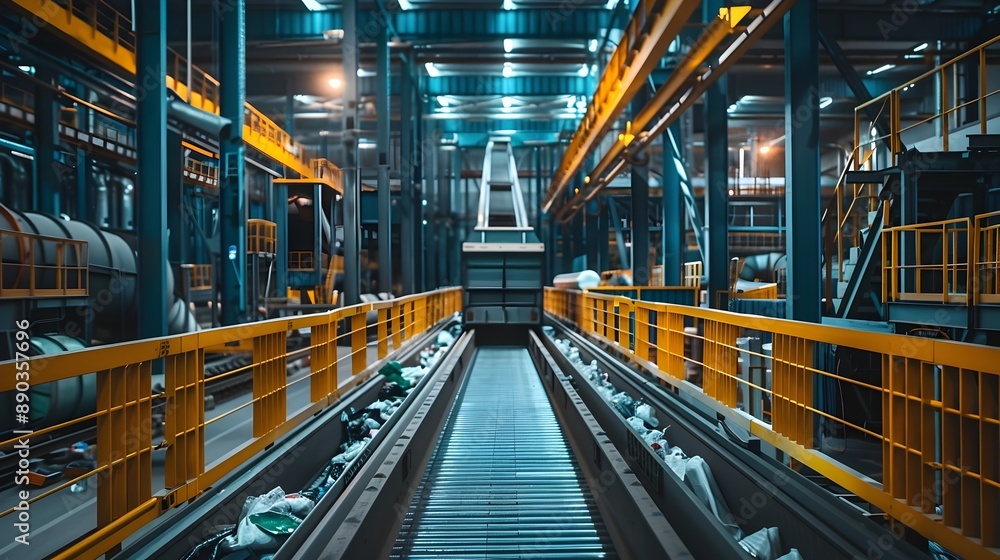 Poster futuristic automated recycling facility with efficient sorting and processing machines