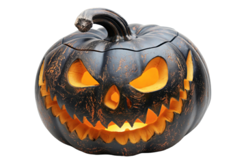 black Jack o lantern with a Halloween pumpkin smiling face with glowing eyes isolated on a white background