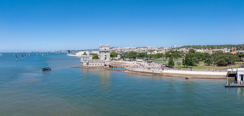 Aerial close up view of the Tower of Belem in Lisbon, Portugal on the Tagus River.