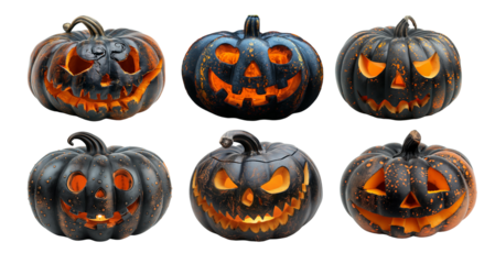 Black Jack o lantern with a Halloween pumpkins set with smiling faces isolated on a white background