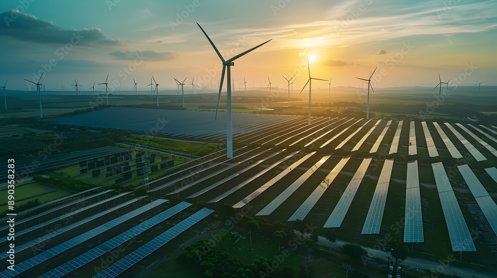 Canvas Prints expansive clean energy industrial complex with solar panels and wind turbines at sunrise or sunset