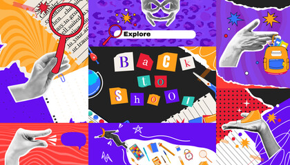 Back to school. A set of collage, posters in halftone style. Cut paper. Vector. Modern trendy style. Retro template. Gesture. Supply. Equipment for studding. Stickers. Torn elements. Y2k. Binoculars. 