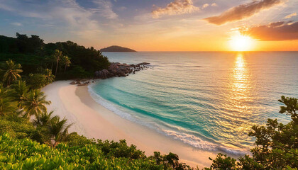 The image features a serene sunset over a beach, with the sun setting behind the horizon, casting a warm glow over the sea, sand, and sky Tags include beach, ocean, sunset, sand, sun, sky, and paradis