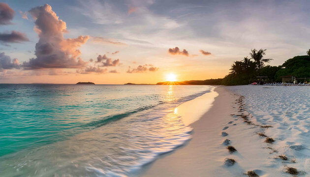 The image features a serene sunset over a beach, with the sun setting behind the horizon, casting a warm glow over the sea, sand, and sky Tags include beach, ocean, sunset, sand, sun, sky, and paradis