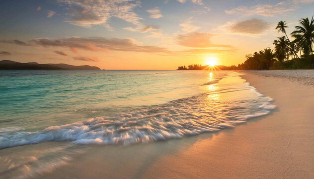 The image features a serene sunset over a beach, with the sun setting behind the horizon, casting a warm glow over the sea, sand, and sky Tags include beach, ocean, sunset, sand, sun, sky, and paradis