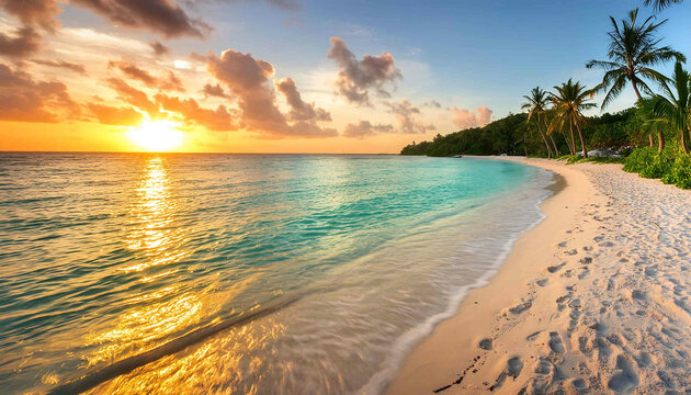 The image features a serene sunset over a beach, with the sun setting behind the horizon, casting a warm glow over the sea, sand, and sky Tags include beach, ocean, sunset, sand, sun, sky, and paradis