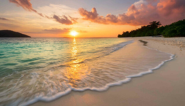 The image features a serene sunset over a beach, with the sun setting behind the horizon, casting a warm glow over the sea, sand, and sky Tags include beach, ocean, sunset, sand, sun, sky, and paradis