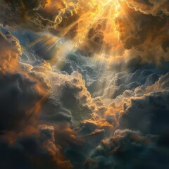 ethereal cloudscape with dramatic sunbeams piercing through billowing formations golden hour light creates surreal patterns and textures in vibrant sky