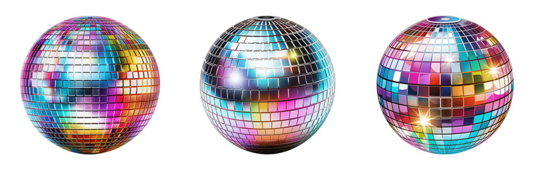 Set of disco balls isolated on a transparent background. Groovy dance party element clip outs.