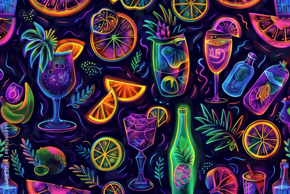Poster neon lit pattern with various fruits and drinks creating a lively and colorful nightlife design