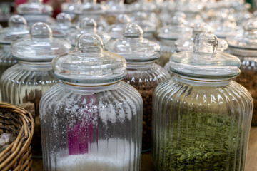glass jars with ecological products, Eco shop, Granada, Andalusia, Spain