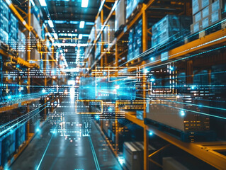 Fototapeta premium High-tech warehouse with digital data overlay, showcasing logistics and inventory management in an industrial storage environment