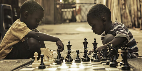 Timeless Chess Strategy: Two young black boys sitting on the floor, deeply engrossed in a game of chess, concentrating intently on their next moves