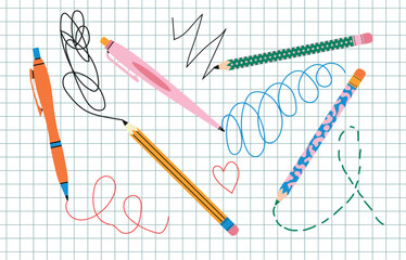 Various pencils, pen, writing school and office tools. Cute stationery. Trendy modern vector illustration isolated on on a checkered background.