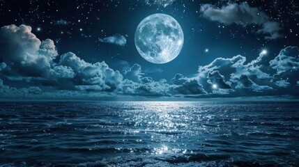 A mesmerizing full moon illuminates a calm ocean under a star-filled sky, creating a serene and magical night seascape.