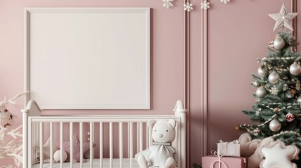 Pink Nursery Decor with a White Frame and a Christmas Tree