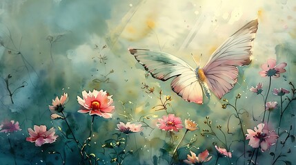 A tranquil watercolor painting of a butterfly, its wings merging with a vibrant field of flowers, hues of pink and green, with beams of sunlight illuminating the flowers,