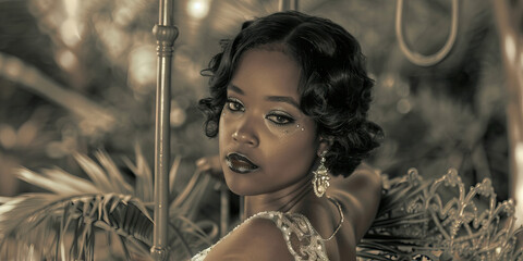 Timeless Elegance: A stunning black woman modeling a vintage dress at a 1920s-themed event
