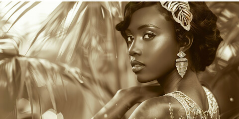 Timeless Elegance: A stunning black woman modeling a vintage dress at a 1920s-themed event