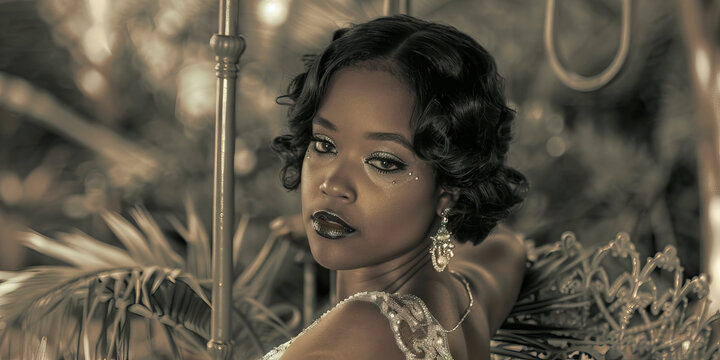 Timeless Elegance: A stunning black woman modeling a vintage dress at a 1920s-themed event