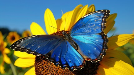 A beautiful blue butterfly with dazzling wings rests on a bright yellow sunflower, its vibrant colors contrasting against the clear blue sky above.
