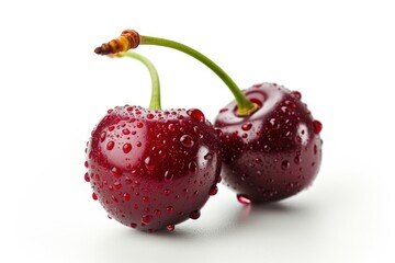 Ripe Red Cherries Floating on Pure White