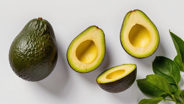 Group of whole and sliced avocados, with pit removed, are arranged on white background, alongside green leaves